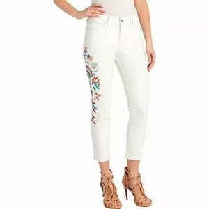 Floral embroidered white denim skinny jeans